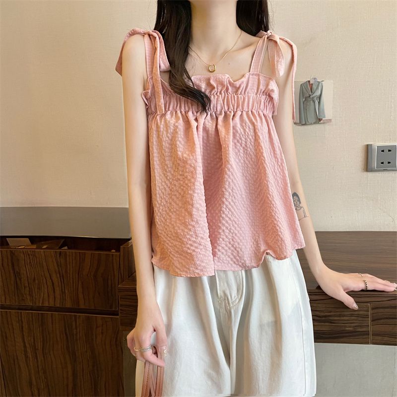 Áo Hai Dây Mùa Hè Dáng Suông Ngắn Phong Cách Pháp Cổ Điển Cho Nữ