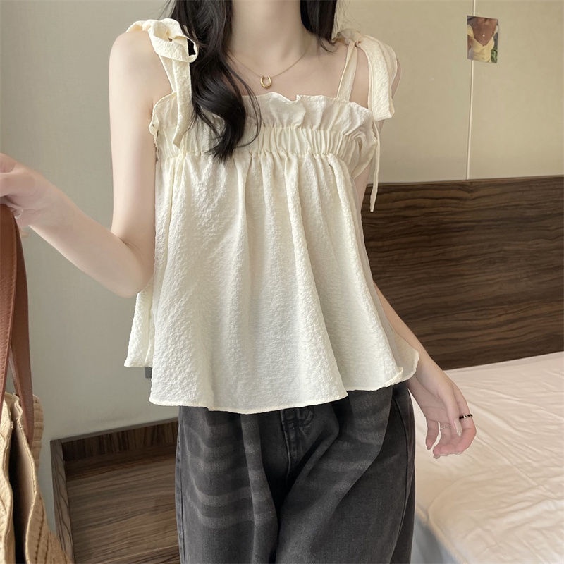 Áo Hai Dây Mùa Hè Dáng Suông Ngắn Phong Cách Pháp Cổ Điển Cho Nữ