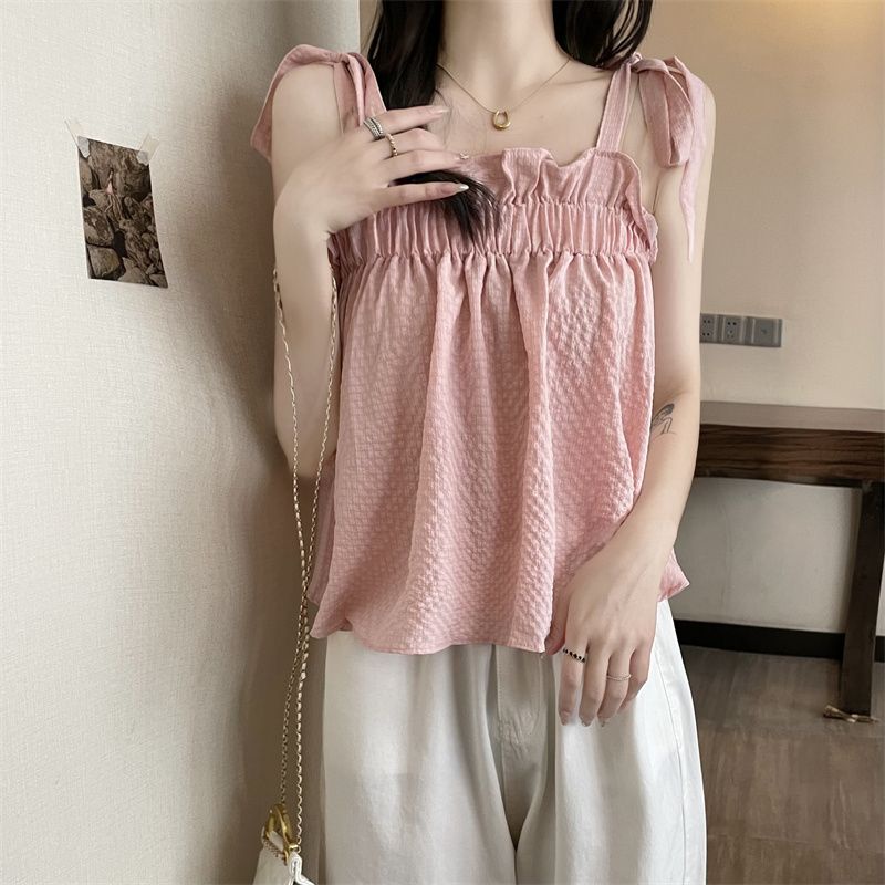 Áo Hai Dây Mùa Hè Dáng Suông Ngắn Phong Cách Pháp Cổ Điển Cho Nữ