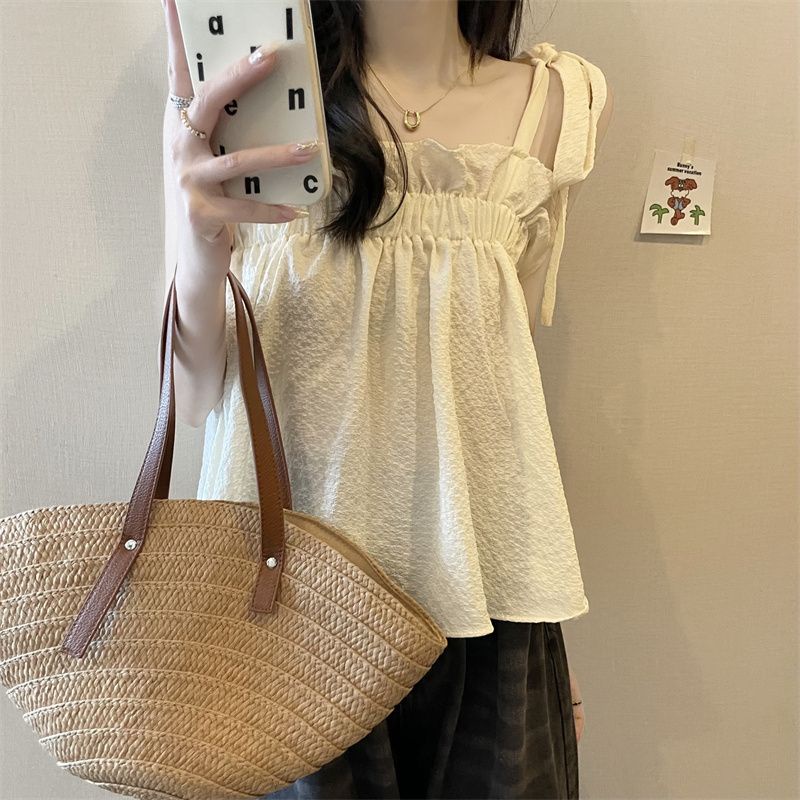 Áo Hai Dây Mùa Hè Dáng Suông Ngắn Phong Cách Pháp Cổ Điển Cho Nữ