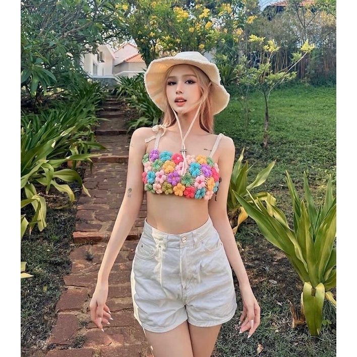 Áo 2 dây hoa len móc, áo hoa len ghép handmade (nhận làm theo yêu cầu)