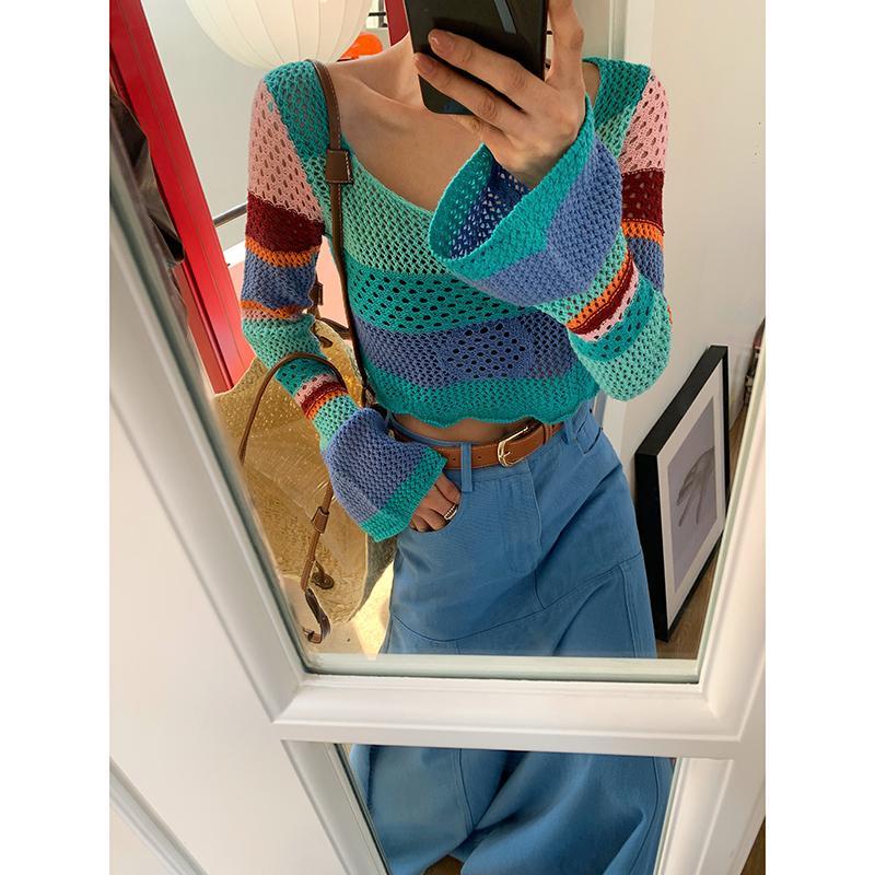 Jiashucheng Áo Croptop Dệt Kim Chống Nắng Tay Loe Họa Tiết Sọc Cầu Vồng Rỗng Cho Nữ
