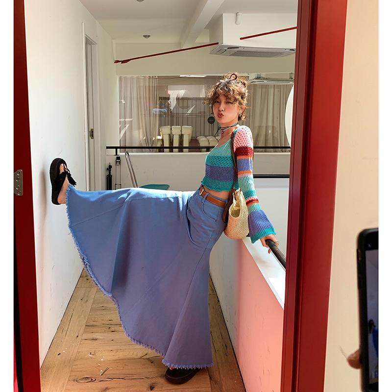 Jiashucheng Áo Croptop Dệt Kim Chống Nắng Tay Loe Họa Tiết Sọc Cầu Vồng Rỗng Cho Nữ