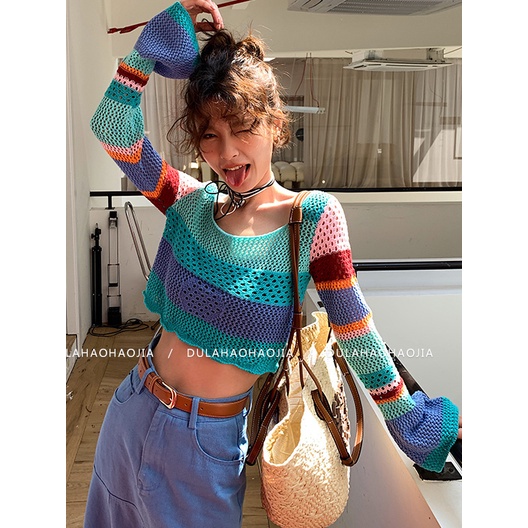 Jiashucheng Áo Croptop Dệt Kim Chống Nắng Tay Loe Họa Tiết Sọc Cầu Vồng Rỗng Cho Nữ