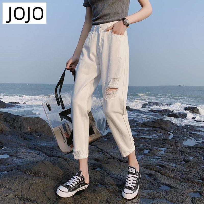 Quần Jean Rách Lưng Cao Màu Trắng Form Rộng Dễ Phối Đồ Phong Cách Mới Cho Nữ