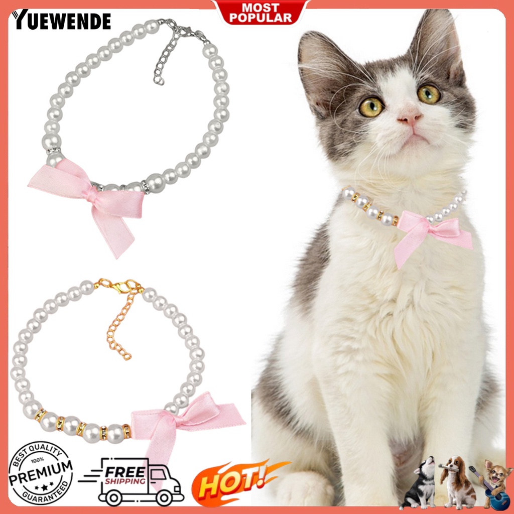 Vòng Cổ Đính Ngọc Trai Giả Kèm Dây Xích Nối Dài Khóa Kẹp Tôm Hùm / Nơ Xinh Xắn Cho Thú Cưng