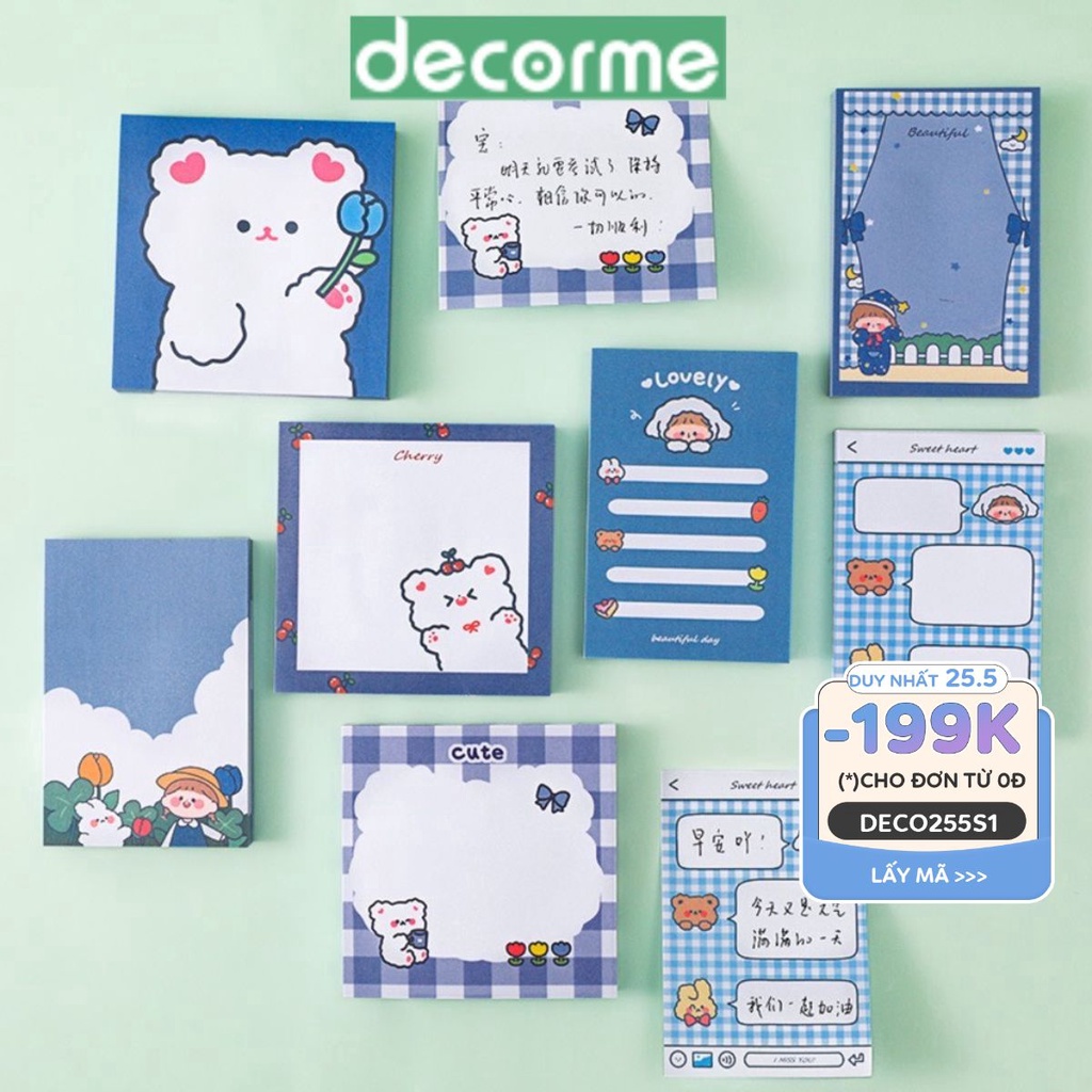 Giấy ghi chú Gấu Xanh 80 tờ dễ thương Decorme Giấy note hình Gấu 8 mẫu đáng yêu