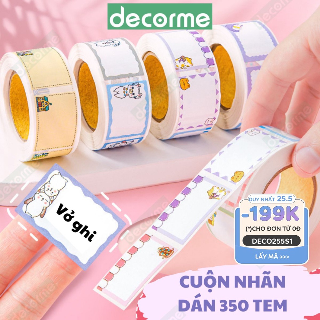 Cuộn sticker Decorme Cuộn 350 nhãn dãn ghi tiêu đề, nhãn vở, tem dán chai lọ nhiều mẫu