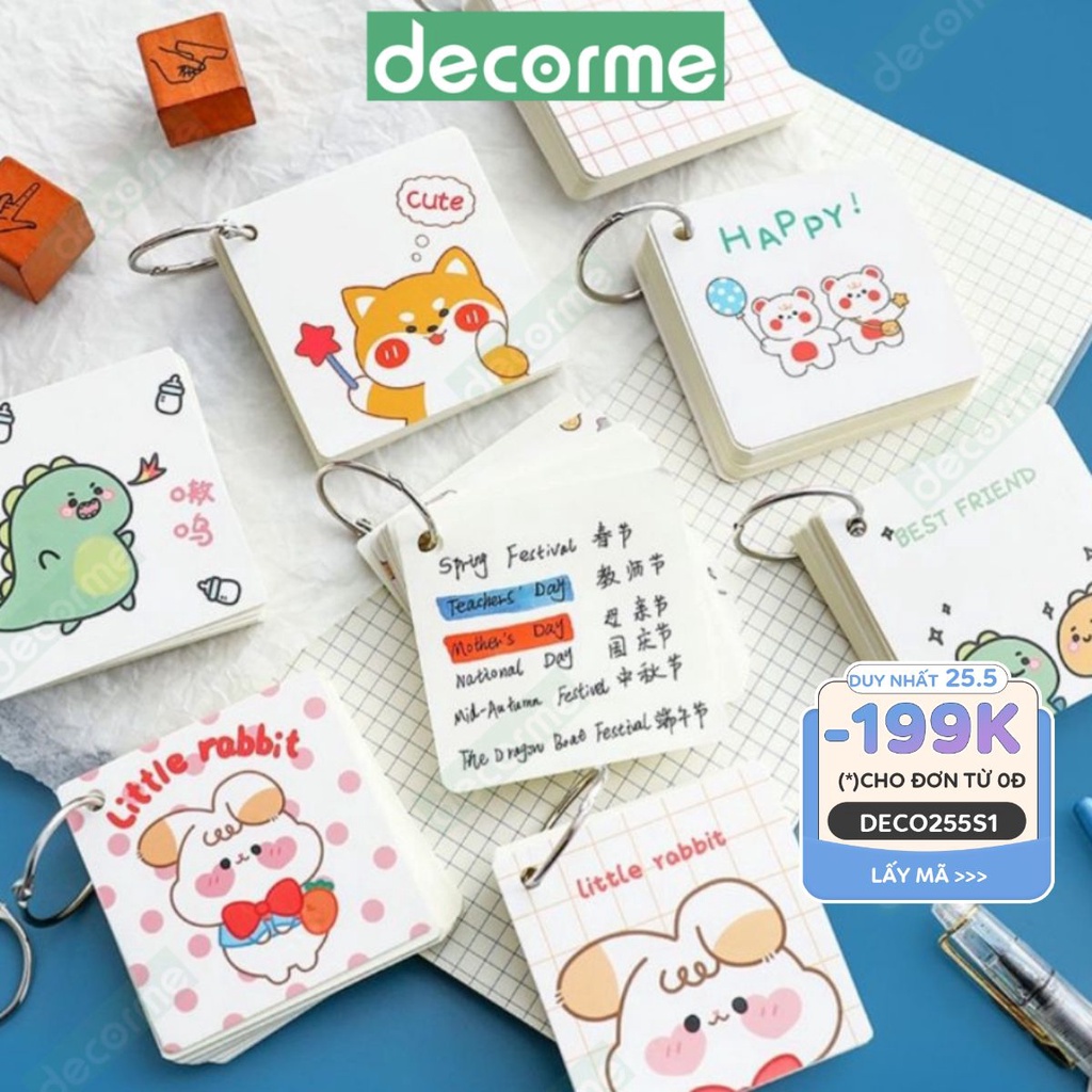 Sổ khoen vuông Decorme sổ học từ vựng, flashcard nhỏ gọn dễ dàng mang theo 7x7cm 80 tờ