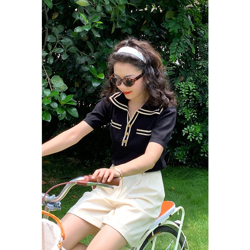 Áo Sweater Cổ polo Tay Ngắn Bằng Lụa Lạnh Mỏng Kiểu Pháp Cổ Điển Thời Trang Mùa Xuân Mới Cho Nữ