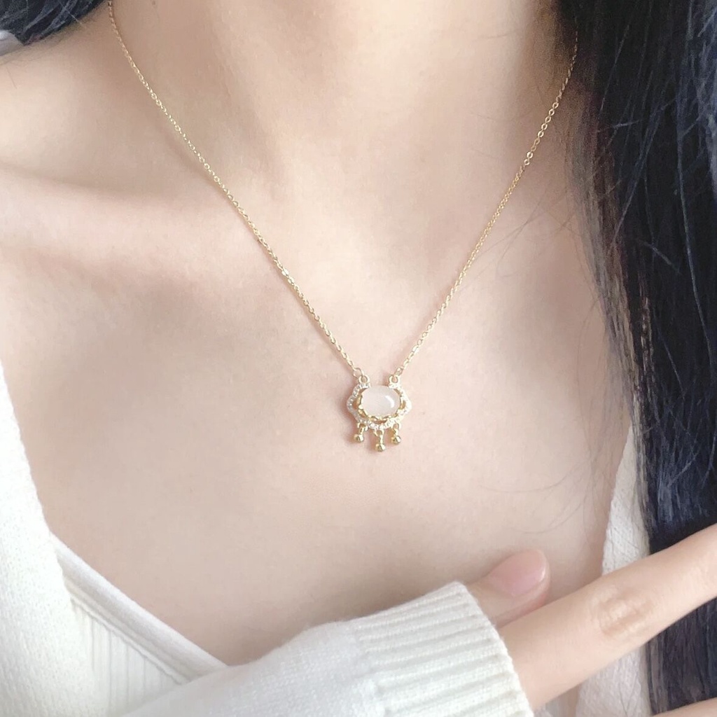 Vòng cổ Mạ Bạc 925 Mặt Đá Ngọc Bích Trắng Sang Trọng Cho Nữ