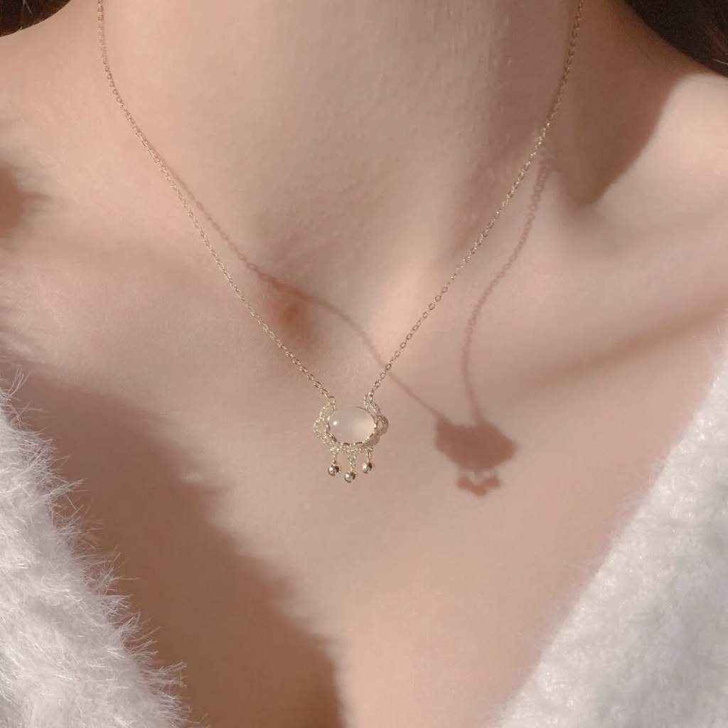 Vòng cổ Mạ Bạc 925 Mặt Đá Ngọc Bích Trắng Sang Trọng Cho Nữ