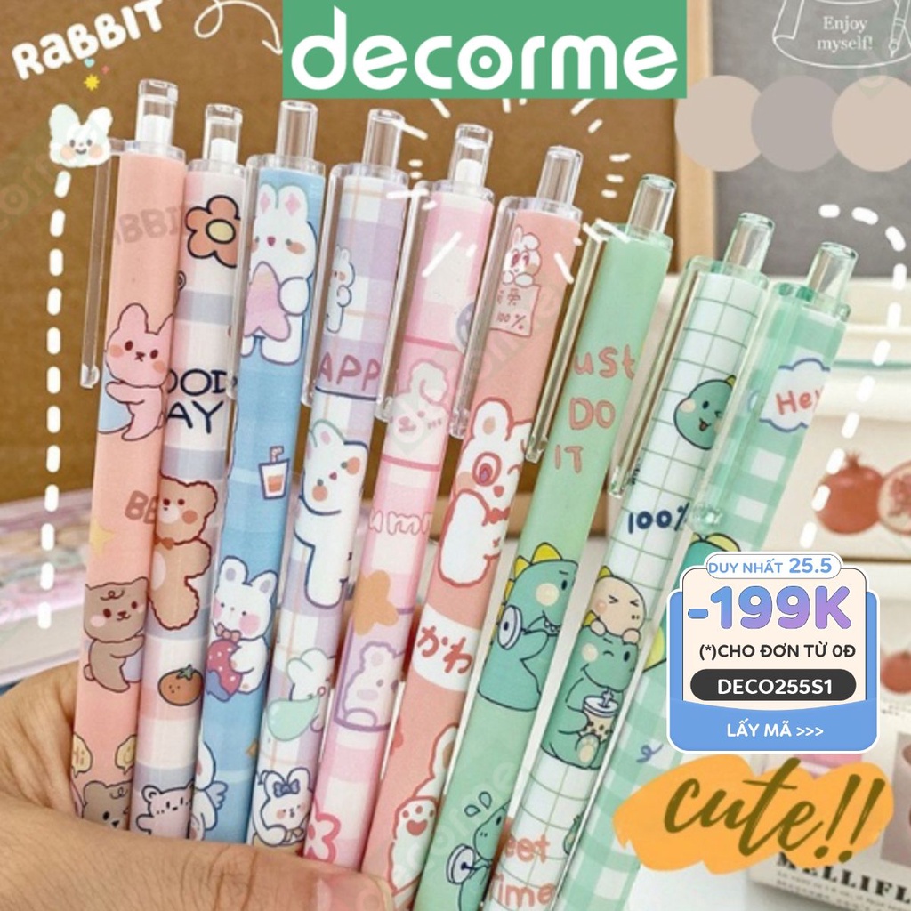 Bút gel Bấm Mực Đen Thân trắng Hình hoạt hình đáng yêu DecorMe Viết bi nước cute 0.5