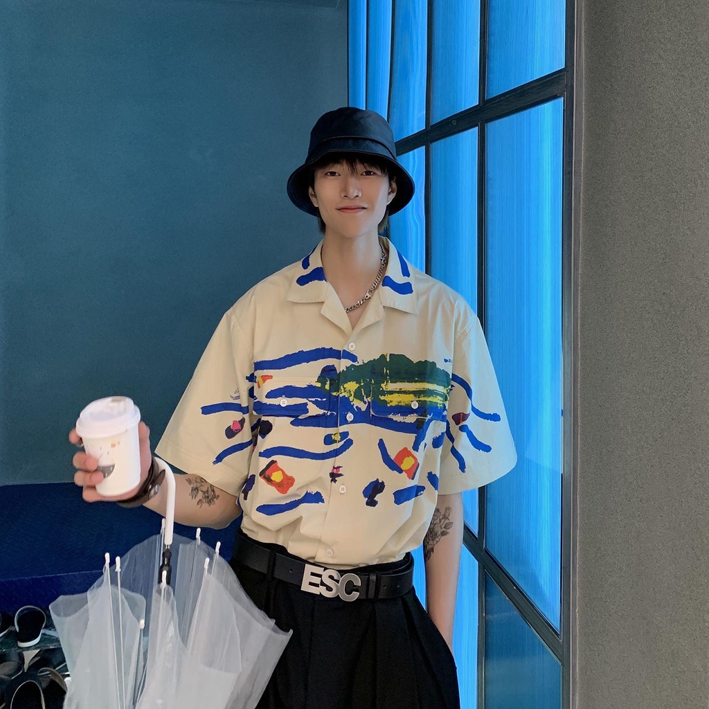 Esc MAN STUDIO / Áo Sơ Mi Ngắn Tay Dáng Rộng oversize Họa Tiết Graffiti Độc Đáo Mùa Hè