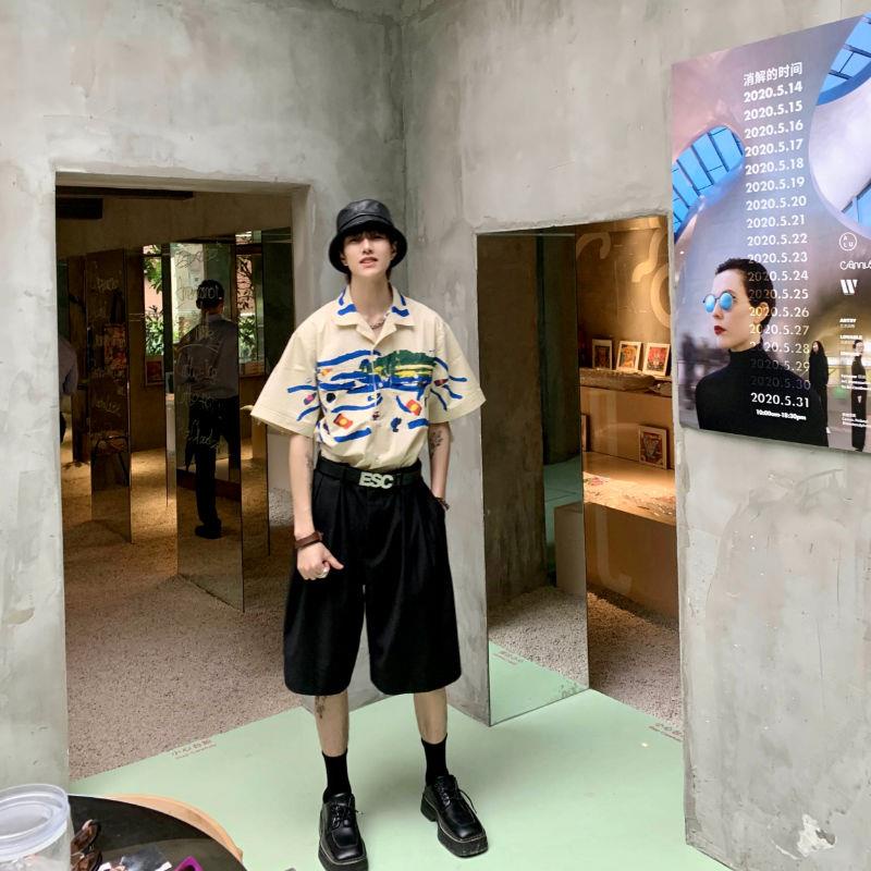 Esc MAN STUDIO / Áo Sơ Mi Ngắn Tay Dáng Rộng oversize Họa Tiết Graffiti Độc Đáo Mùa Hè