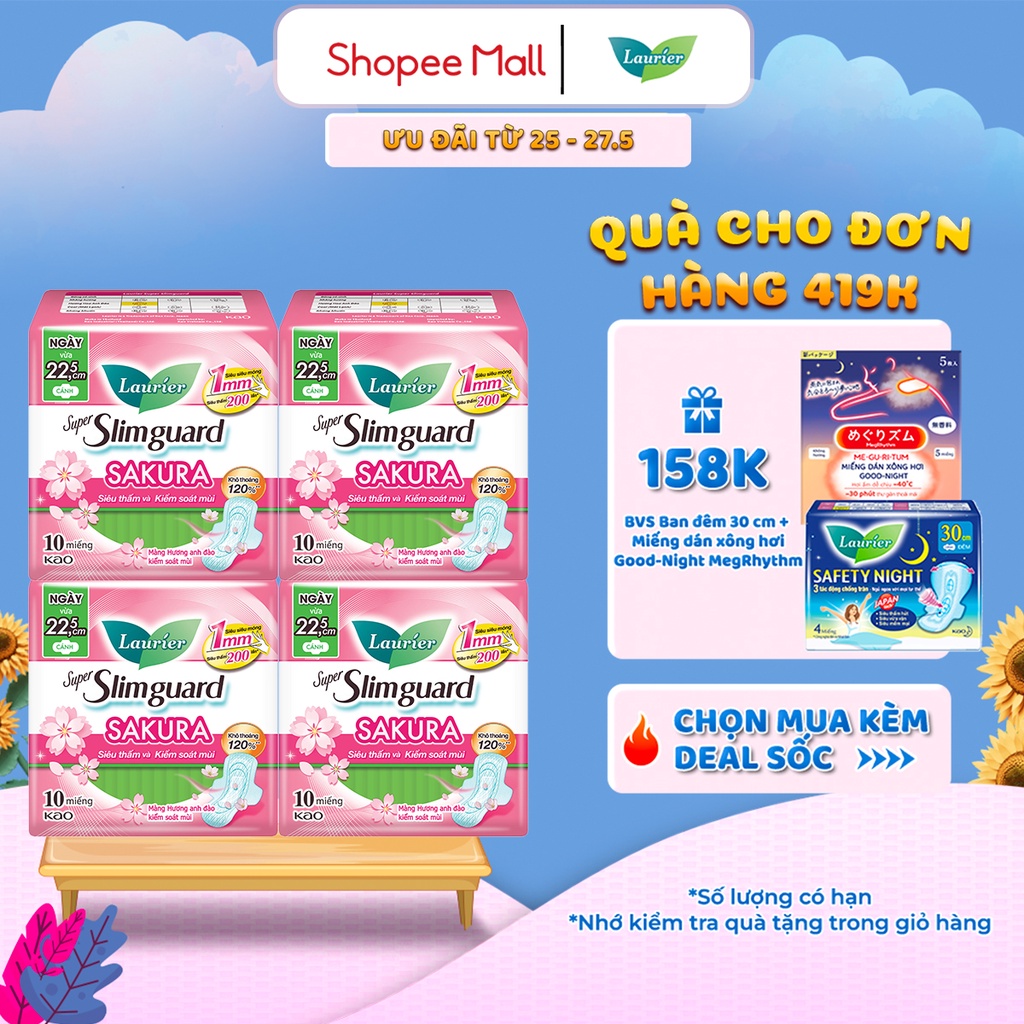 Combo 4 gói BVS Laurier siêu mỏng bảo vệ 1mm Hương Anh Đào 22.5cm 10 miếng