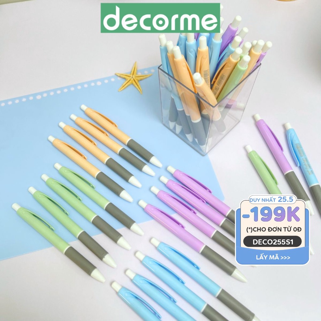 Bút bi bấm mực xanh vỏ Pastel ngòi 1mm Decorme Hộp 50 bút giá rẻ viết nét đều trơn tru phù hợp cho học sinh
