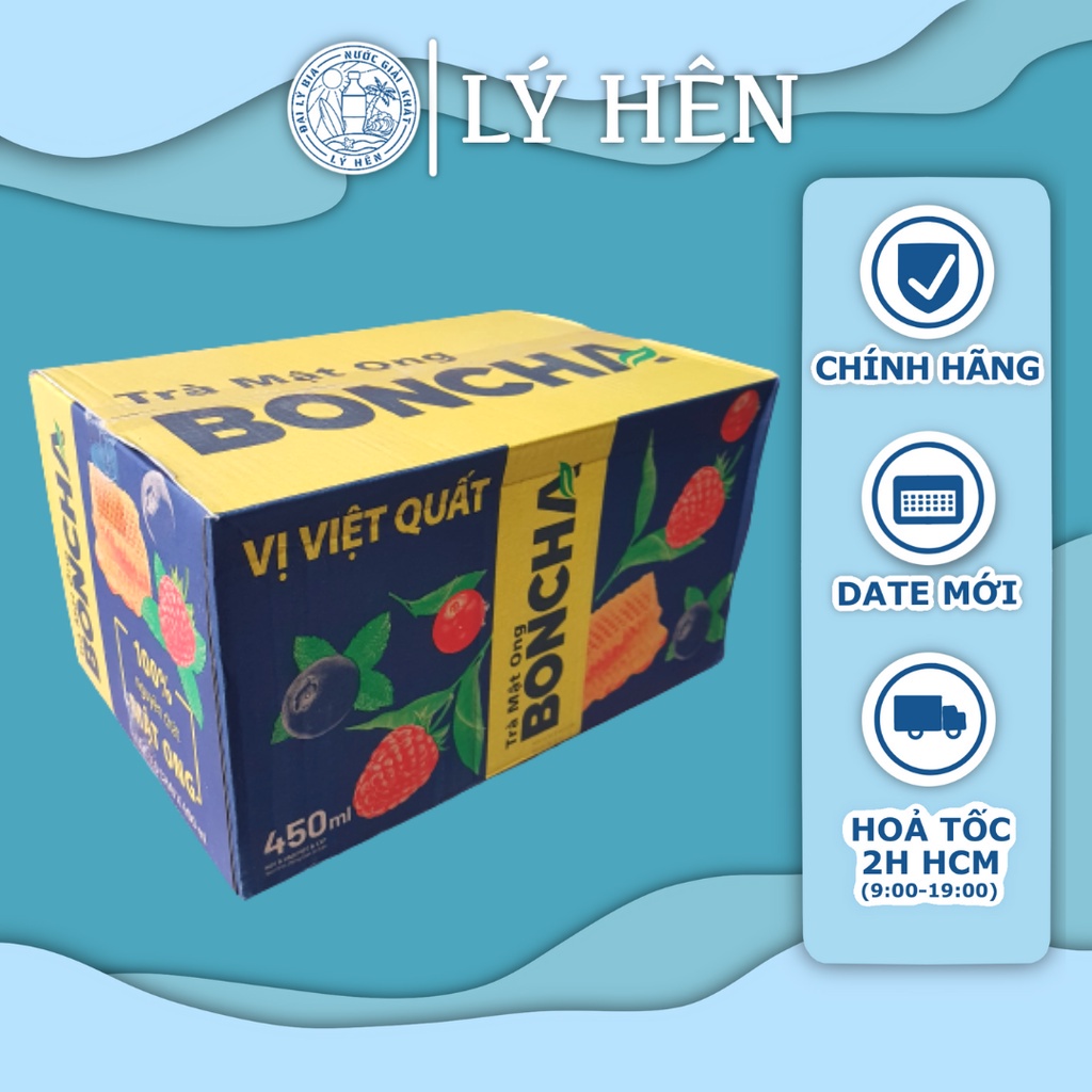Thùng 24 Chai Trà Mật Ong Boncha Vị Việt Quất - Chanh - Tắc Chai Nhựa Pep 450ml Date Luôn Mới