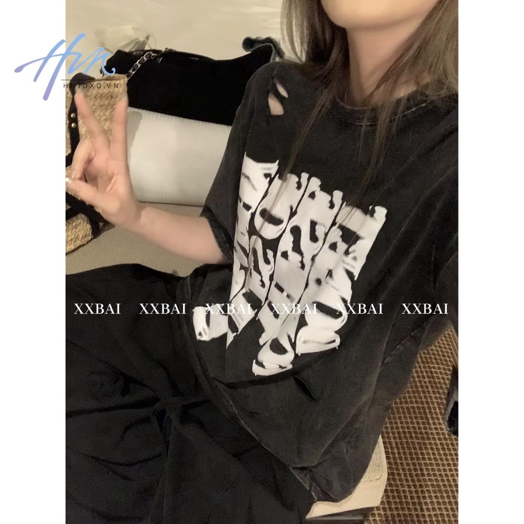 Áo Thun Tay Ngắn In Chữ Thiết Kế Rách Thời Trang Mùa Hè 2023 Phong Cách Mỹ Hàng Mới Dành Cho Bạn Nữ