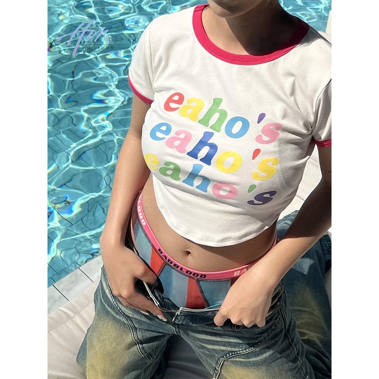 Eaho Áo Thun Tay Ngắn Cổ Tròn Dáng Ôm Vừa Vặn In Chữ Nhiều Màu Sắc Ngọt Ngào Phong Cách Mỹ Cho Nữ