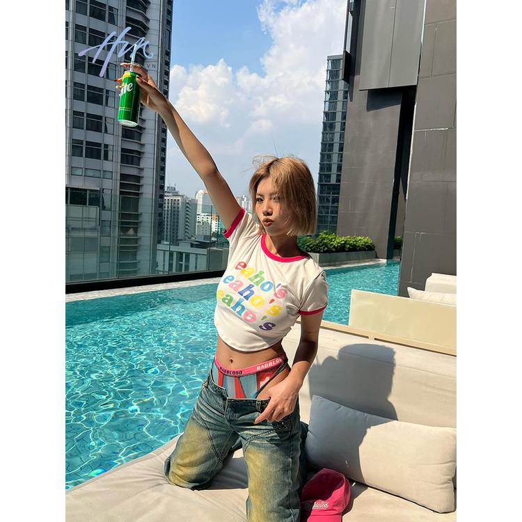 Eaho Áo Thun Tay Ngắn Cổ Tròn Dáng Ôm Vừa Vặn In Chữ Nhiều Màu Sắc Ngọt Ngào Phong Cách Mỹ Cho Nữ