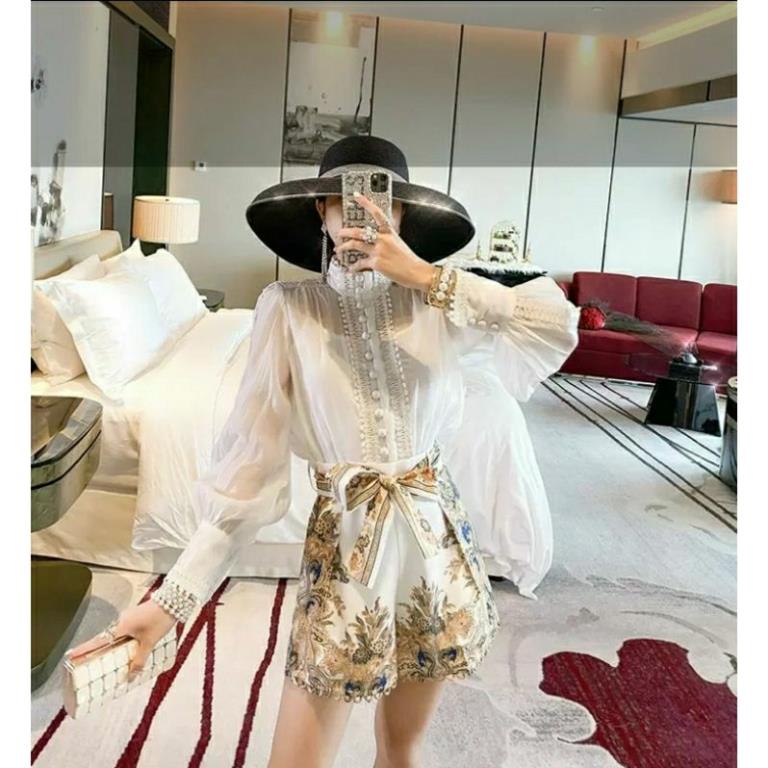 Hàng nhập - Set bộ nữ lụa short in hoa văn cổ trụ đính nút, sét đồ thời trang quần áo ngắn sang trọng NNQB19.5