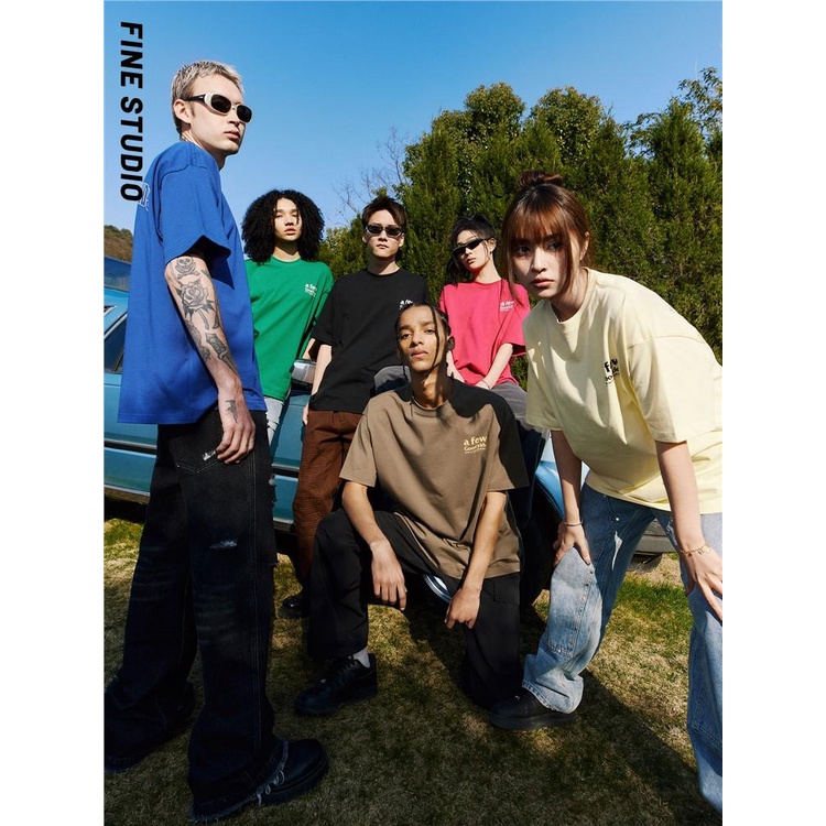 Fine Studio Áo Thun Tay Ngắn Dáng Rộng Màu Trơn Đơn Giản Phong Cách Mỹ Mùa Hè Hàng Mới Dành Cho Cặp Đôi Nam Nữ