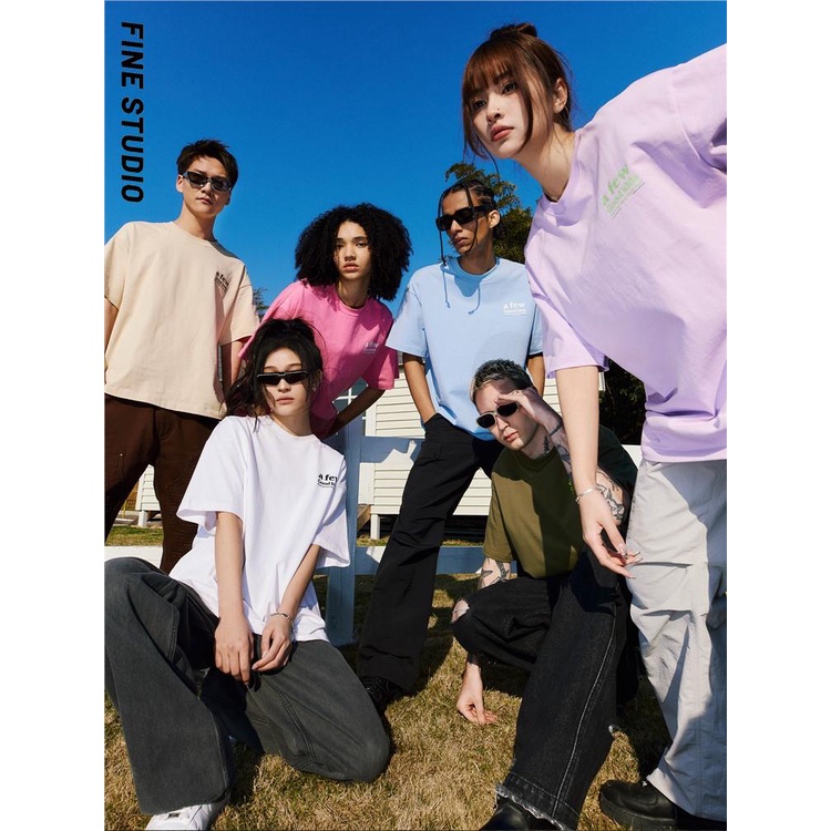 Fine Studio Áo Thun Tay Ngắn Dáng Rộng Màu Trơn Đơn Giản Phong Cách Mỹ Mùa Hè Hàng Mới Dành Cho Cặp Đôi Nam Nữ