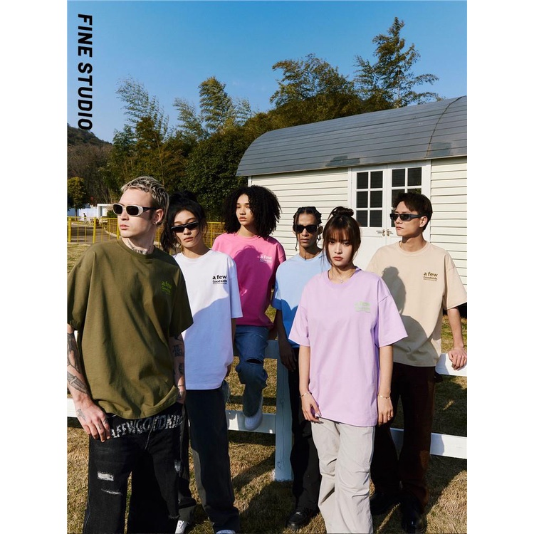 Fine Studio Áo Thun Tay Ngắn Dáng Rộng Màu Trơn Đơn Giản Phong Cách Mỹ Mùa Hè Hàng Mới Dành Cho Cặp Đôi Nam Nữ