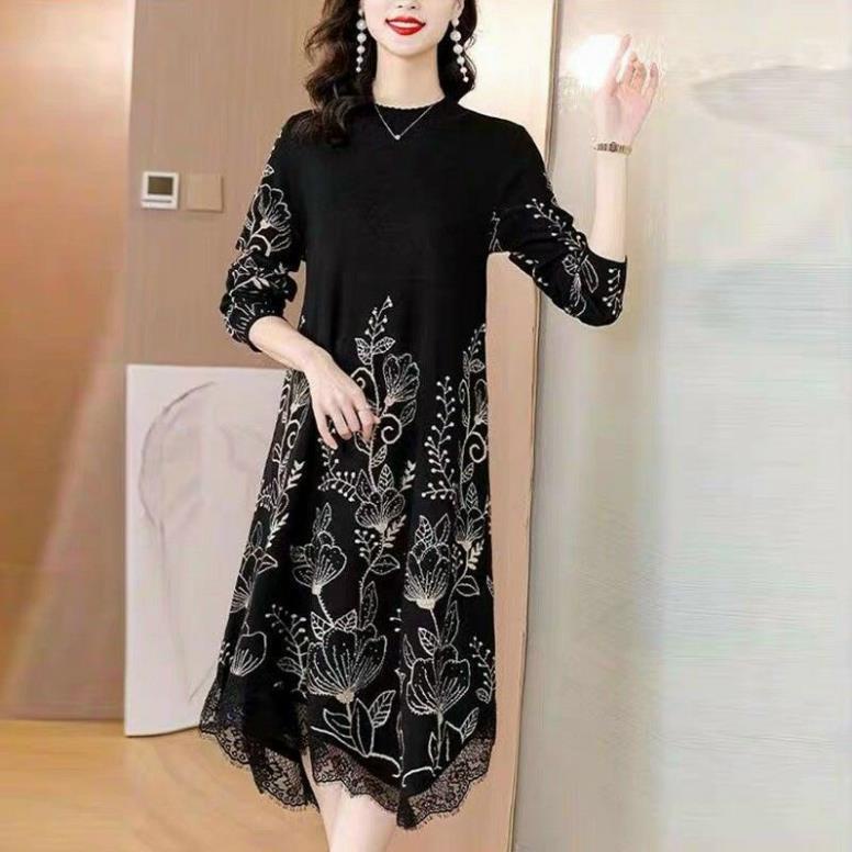 Hàng nhập - Đầm len suông thêu hoa văn lộng lẫy, váy xuông len dệt kim viền ren sang trọng NNQB19.5