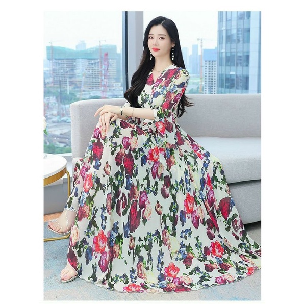 Hàng nhập - Đầm dáng xòe maxi voan in hoa tím, váy dự tiệc cổ V xếp ngực tay lỡ NNQB19.5