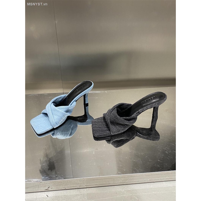 Dép Cao Gót Mũi Vuông Quai Chéo Chất Liệu Denim Thời Trang Mùa Hè 2023 Cho Nữ