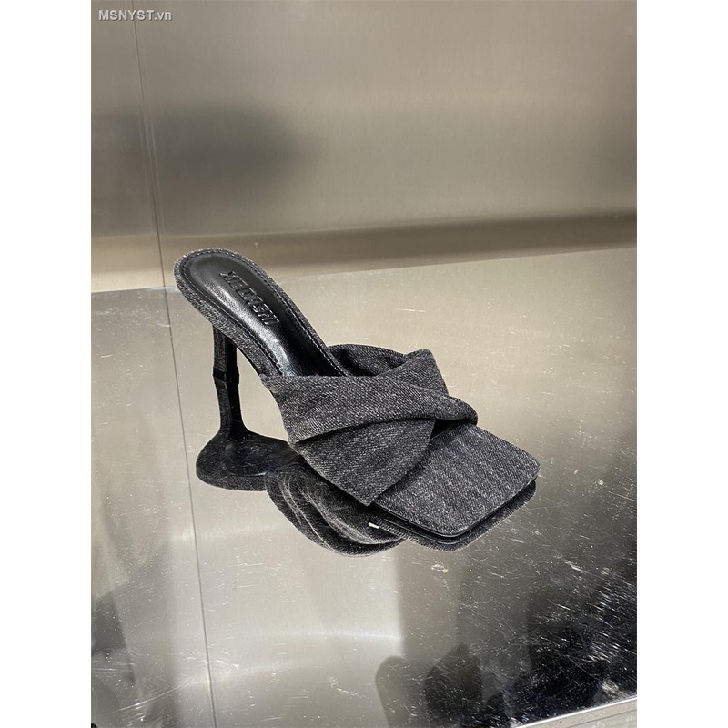 Dép Cao Gót Mũi Vuông Quai Chéo Chất Liệu Denim Thời Trang Mùa Hè 2023 Cho Nữ