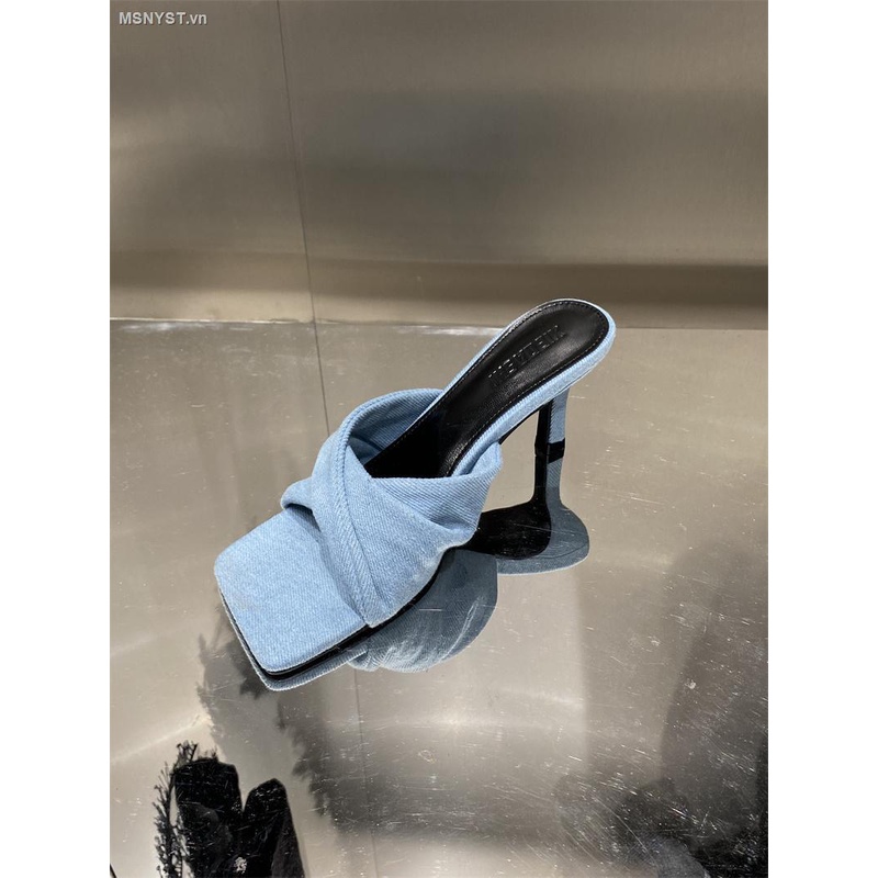 Dép Cao Gót Mũi Vuông Quai Chéo Chất Liệu Denim Thời Trang Mùa Hè 2023 Cho Nữ