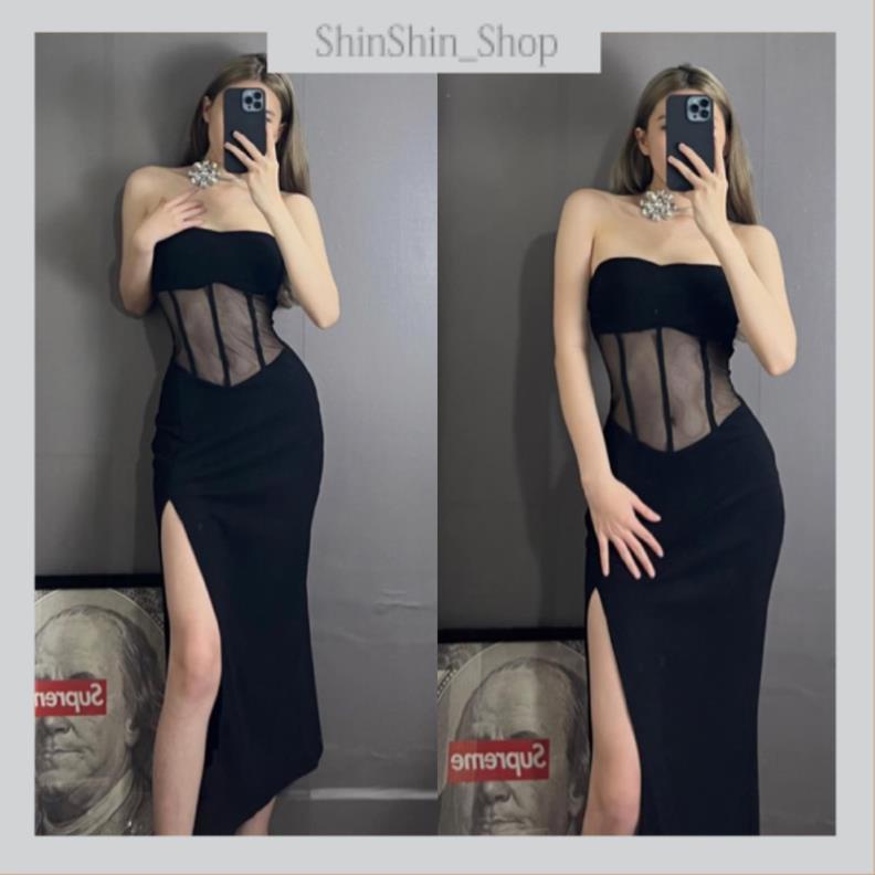 Sản phẩm mới 100% Đầm Ống Thun Phối Eo Lưới Xẻ Tà Gợi Cảm D143