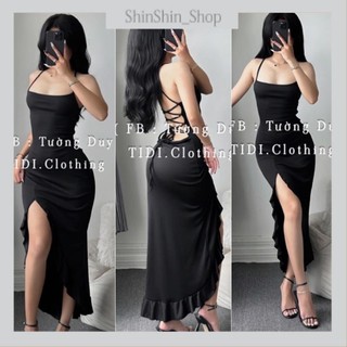 Đầm gân kiểu xẻ tà phối bèo đan dây lưng gợi cảm d104