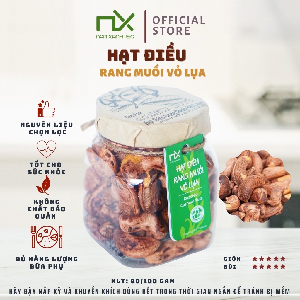 Nam Xanh Hạt Điều Rang Muối Vỏ Lụa Salted Cashew Nuts With Skin 80G (100G)