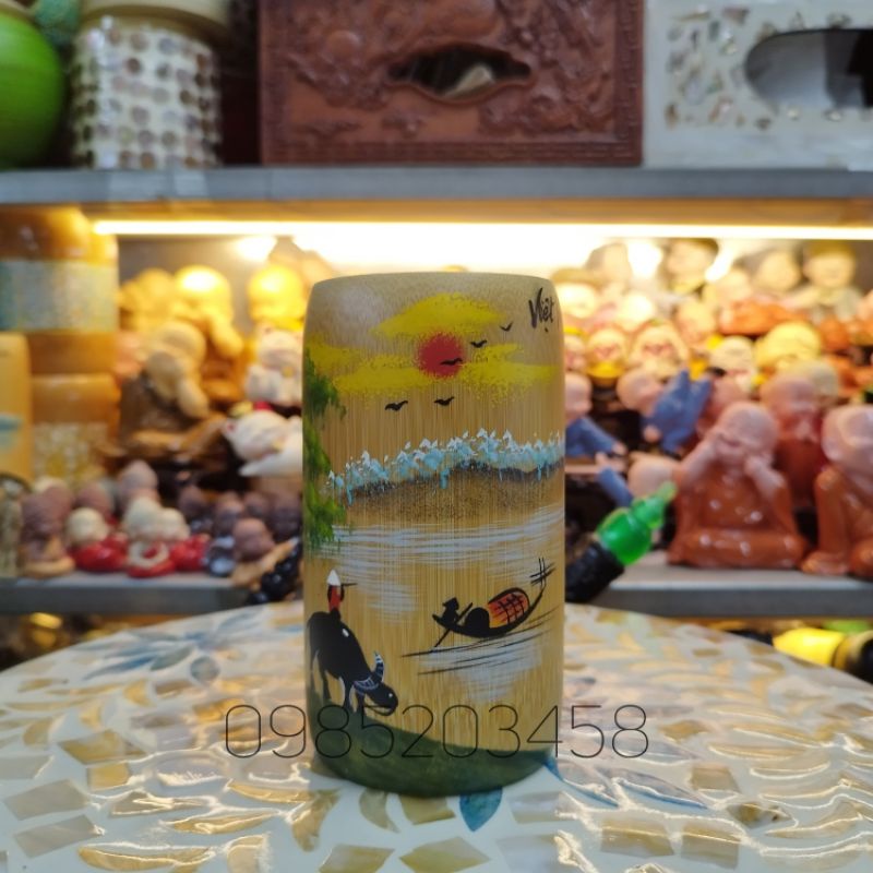 Cốc tre vẽ tay hình cô gái áo dài, phòng cảnh Việt Nam , quà tặng Việt Nam - bamboo