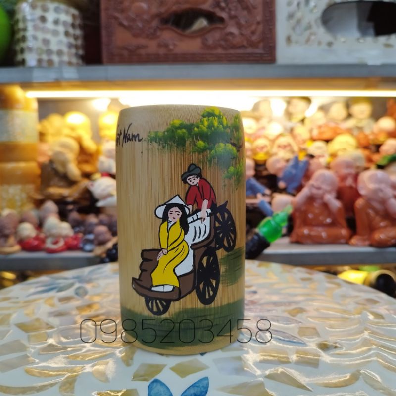 Cốc tre vẽ tay hình cô gái áo dài, phòng cảnh Việt Nam , quà tặng Việt Nam - bamboo