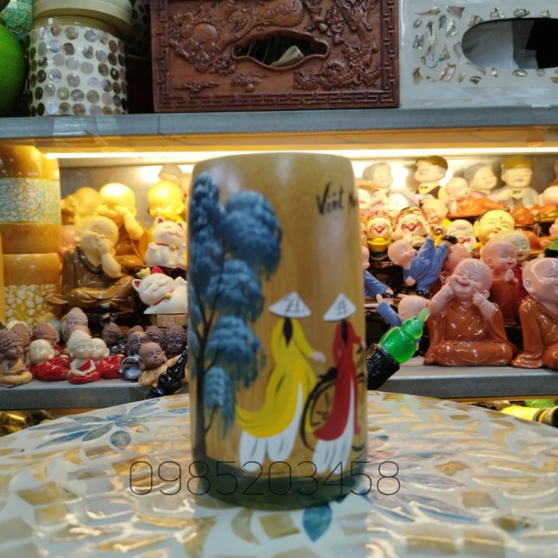 Cốc tre vẽ tay hình cô gái áo dài, phòng cảnh Việt Nam , quà tặng Việt Nam - bamboo