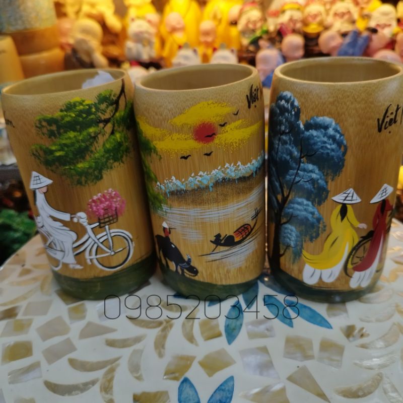 Cốc tre vẽ tay hình cô gái áo dài, phòng cảnh Việt Nam , quà tặng Việt Nam - bamboo