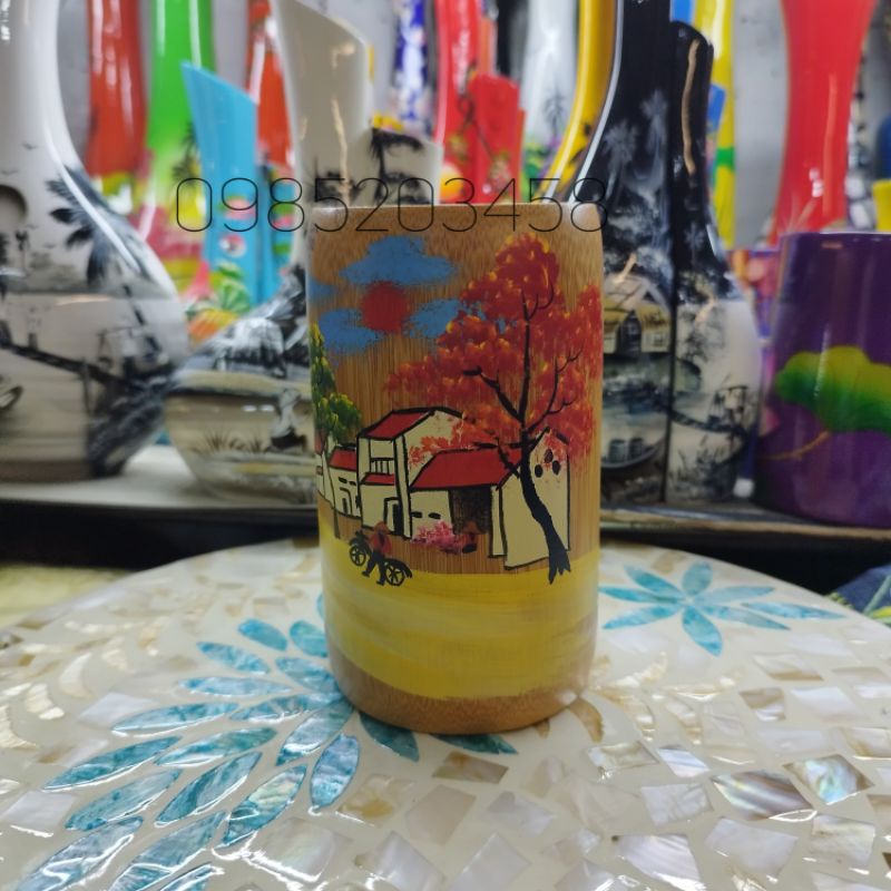 Cốc tre vẽ tay hình cô gái áo dài, phòng cảnh Việt Nam , quà tặng Việt Nam - bamboo