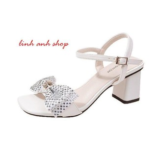 Sandal cao gót đính nơ đá miu-miu đế vuông 7phân