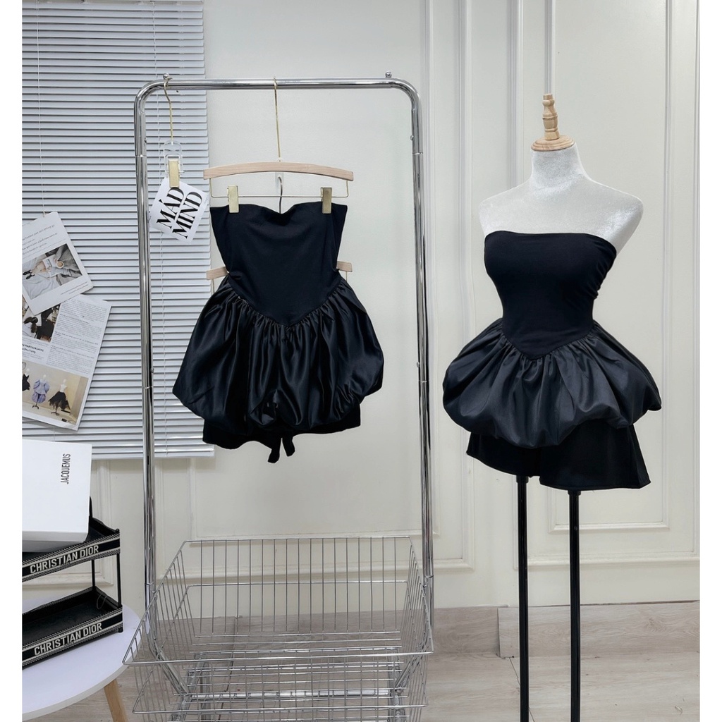 Set Áo Quây Bèo Đen Chất Zip Tàu Mix Tacta Phồng, Kèm Quần Sooc SIu Xinh