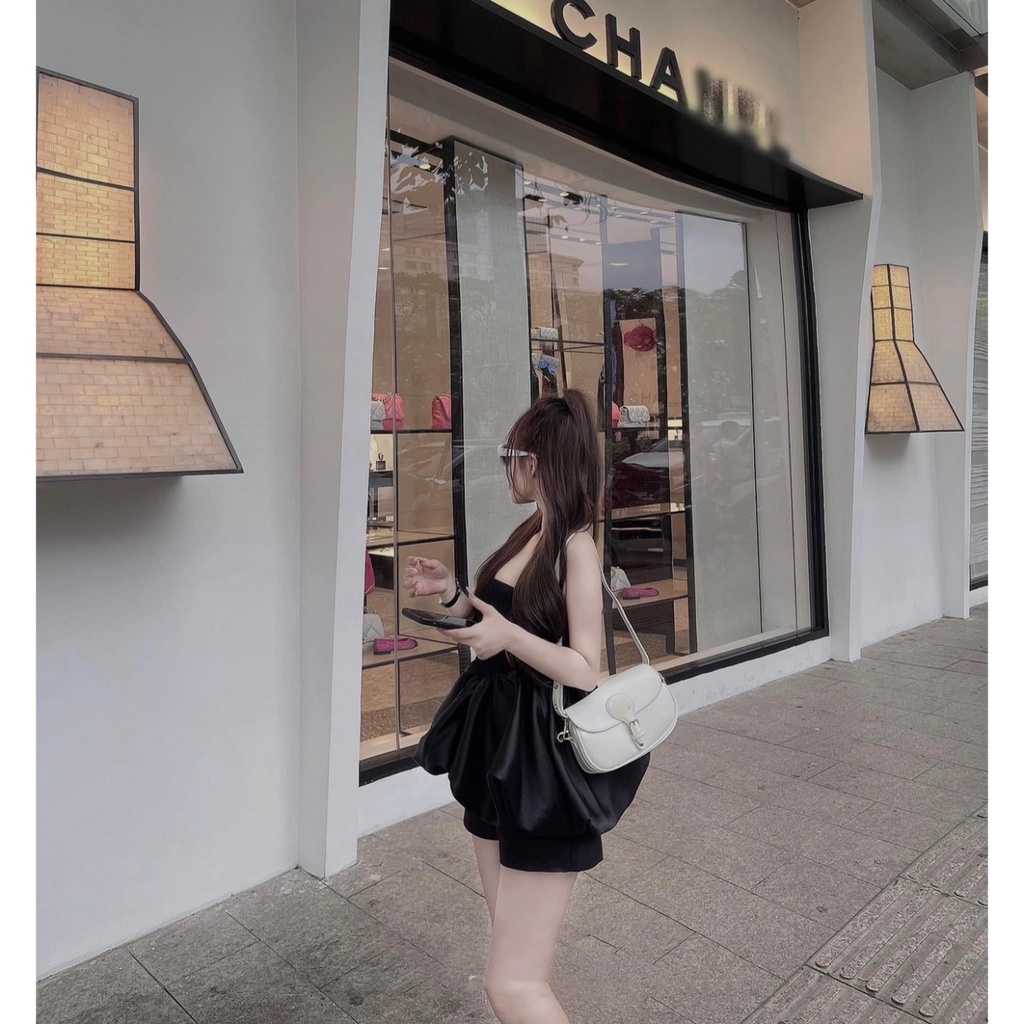 Set Áo Quây Bèo Đen Chất Zip Tàu Mix Tacta Phồng, Kèm Quần Sooc SIu Xinh