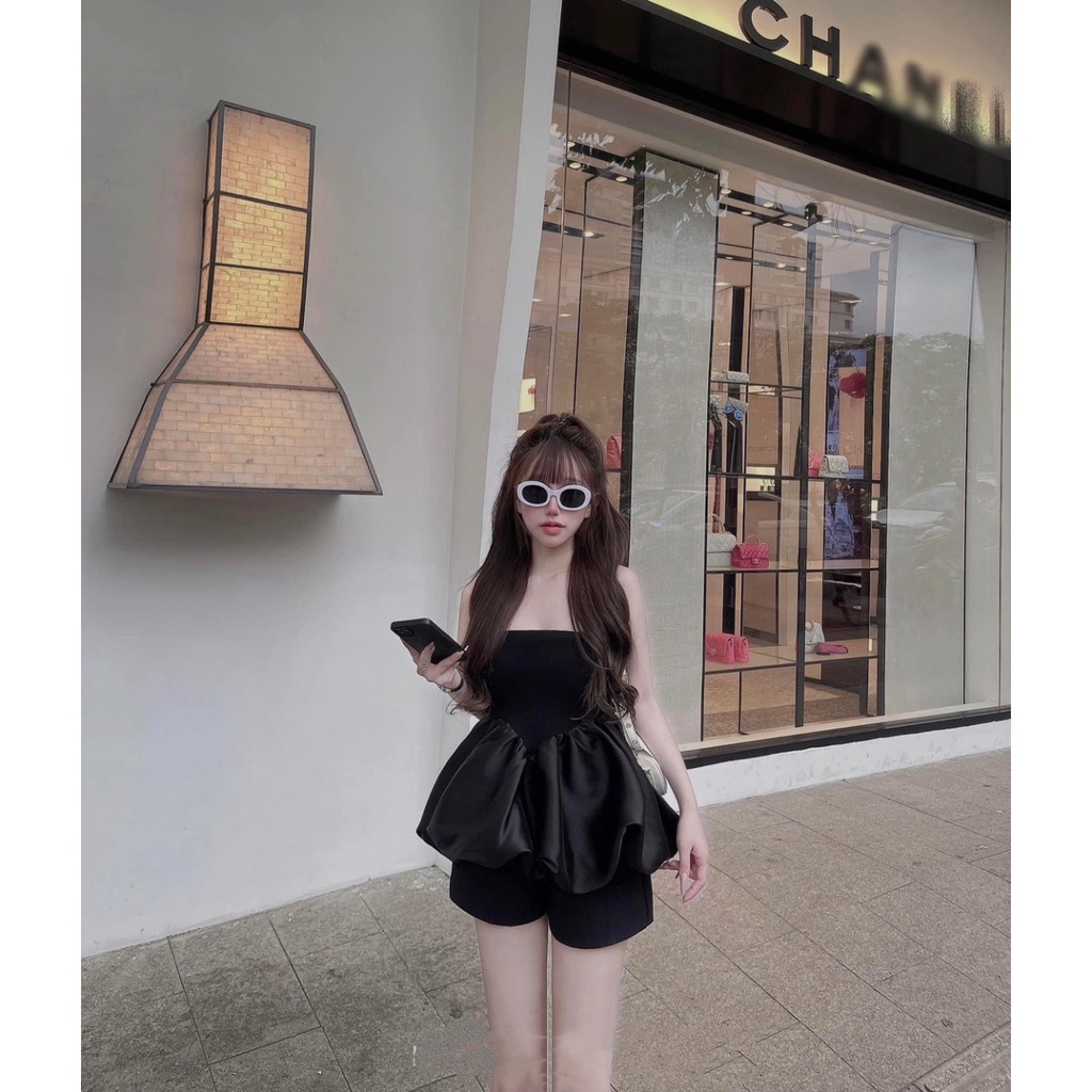 Set Áo Quây Bèo Đen Chất Zip Tàu Mix Tacta Phồng, Kèm Quần Sooc SIu Xinh