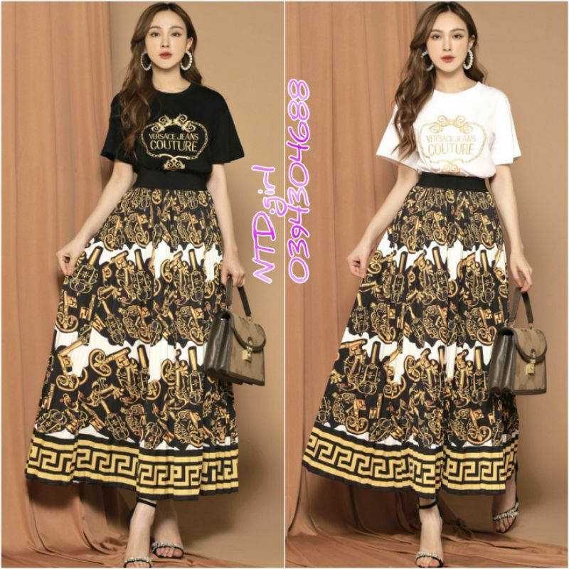 Hàng nhập - Set bộ nữ áo kèm váy xòe in hoa văn, sét đồ thời trang lụa phối thun sang trọng