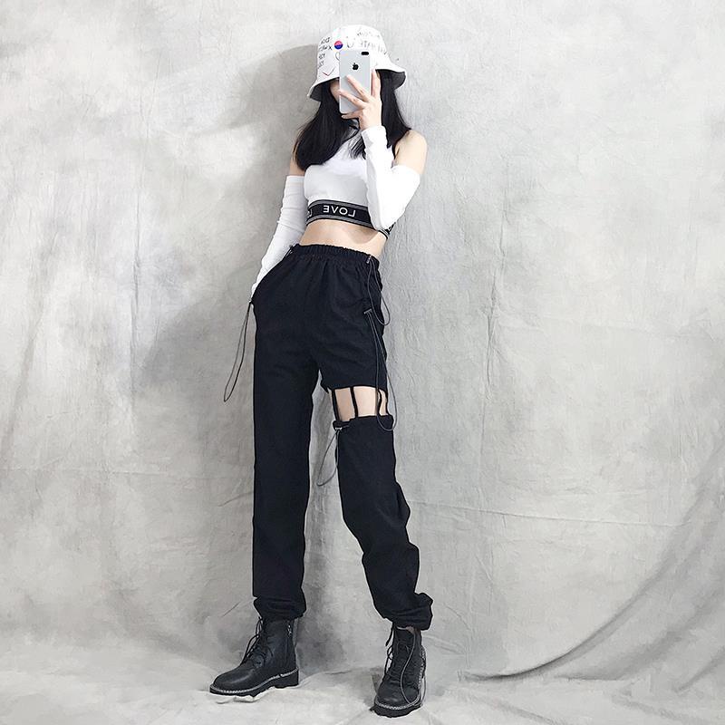 Jiashucheng Quần Yếm Lưng Cao Dáng Rộng Khoét Lỗ Phong Cách Mới Dễ Phối Đồ Cho Nữ Sinh