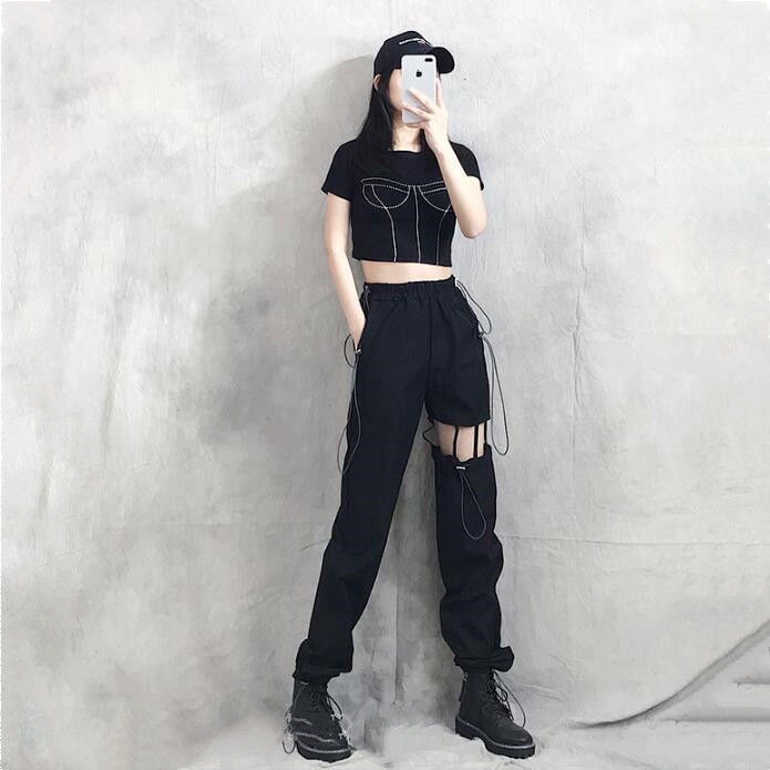 Jiashucheng Quần Yếm Lưng Cao Dáng Rộng Khoét Lỗ Phong Cách Mới Dễ Phối Đồ Cho Nữ Sinh