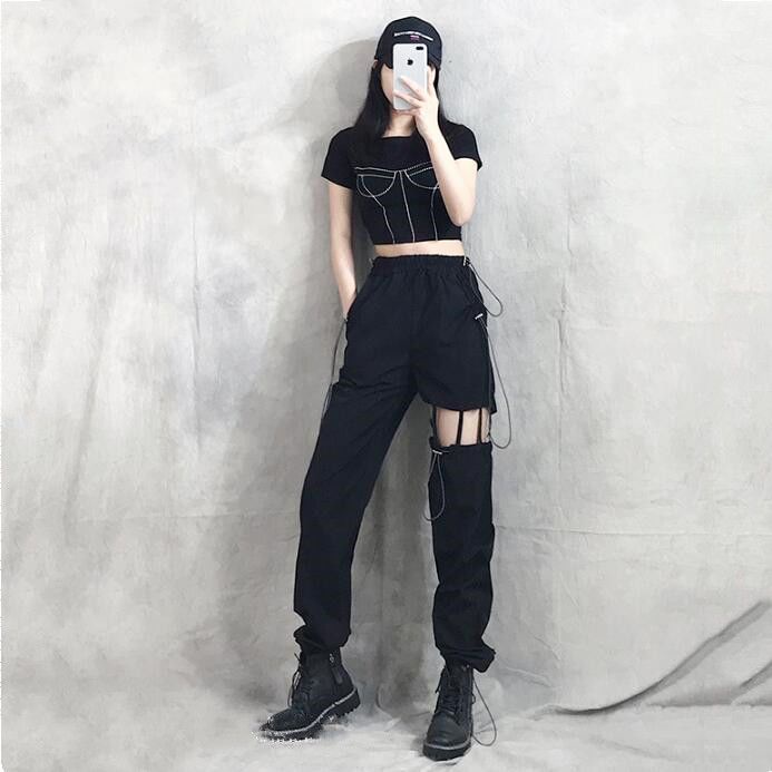 Jiashucheng Quần Yếm Lưng Cao Dáng Rộng Khoét Lỗ Phong Cách Mới Dễ Phối Đồ Cho Nữ Sinh